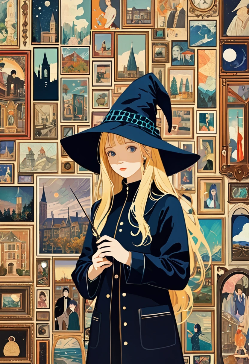 (masterpiece, best quality:1.1), (A wizard girl standing in college room) with many pictures of magician,detailed face,magic wand,collage artwork, nostalgic melancholic artwork, collage art, photo collage, inspired by Victo Ngai cmyk palette, collage art background, a contemporary artistic collage,(cool atmosphere),