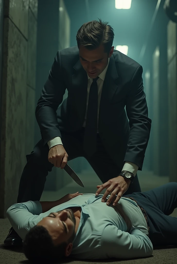 a man in a suit holding a knife next to a man laying on the ground, youtube thumbnail, hand to hand combat with machete, nostalgia critic, brutal violence, hyperrealistic nightmare scene, people fighting, aggressive head, brutal fight, face on head shot, tickle fight in the death tent, armed with edged weapons, mad old bald zombie, markiplier with a knife, bossfight, fistfight, violent and vicious appearance, man mutating to zombie, funny professional photo, wielding a knife, they are fighting very angry