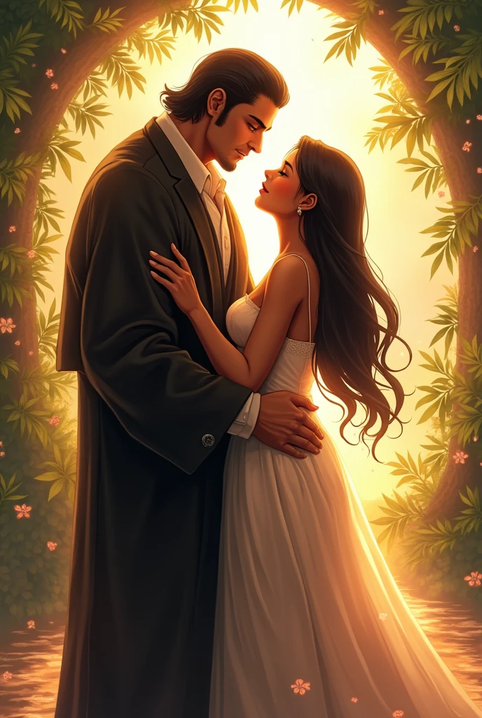 Generate an image of Satoru Gojo on his honeymoon with his jujutsu sorceress wife, a brown woman, long straight black hair, with thick thighs and big ass, much smaller than him 