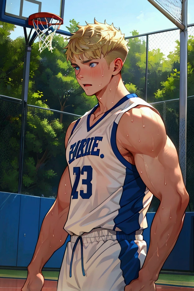 A young, muscular man in his 20s、Blue Eyes、Blonde、Short Hair、Sports haircut、Perfect body、Embarrassed face、Basketball court in the park、Dripping Sweat、Your body is wet