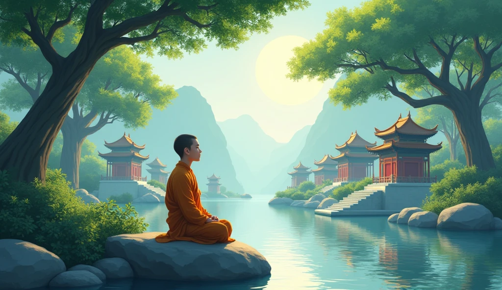 Chinese monk student sitting on a stone happily and calmly, surrounded by temples, beautiful trees, in anime style, beautiful scenario,