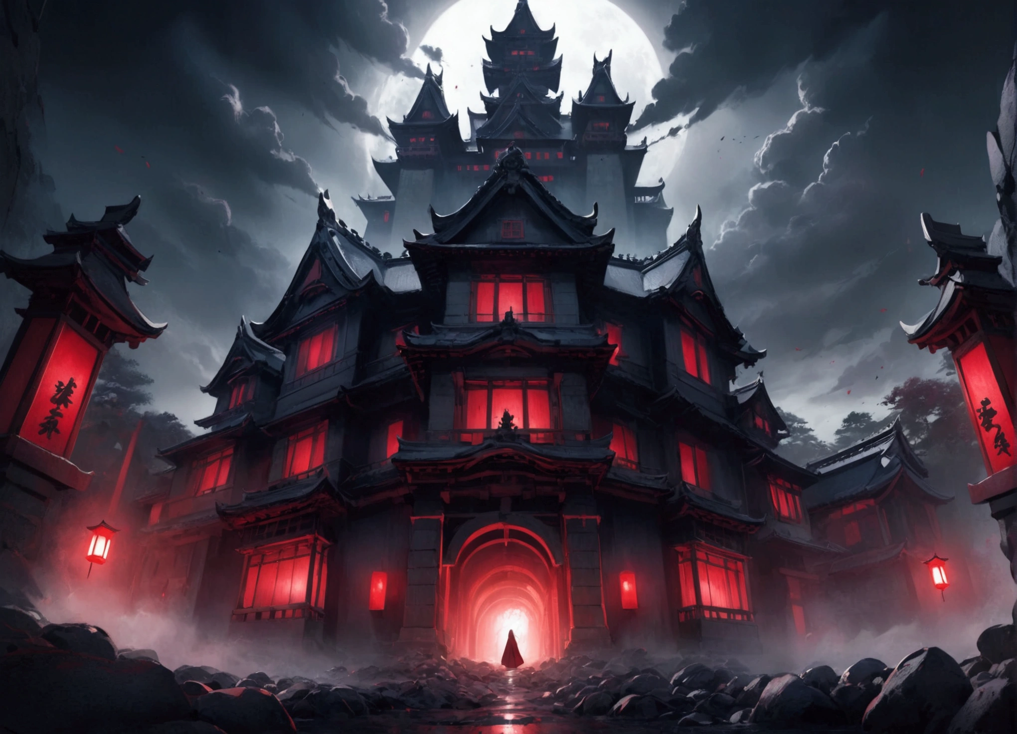 japanese haunted castle, dark colors with red