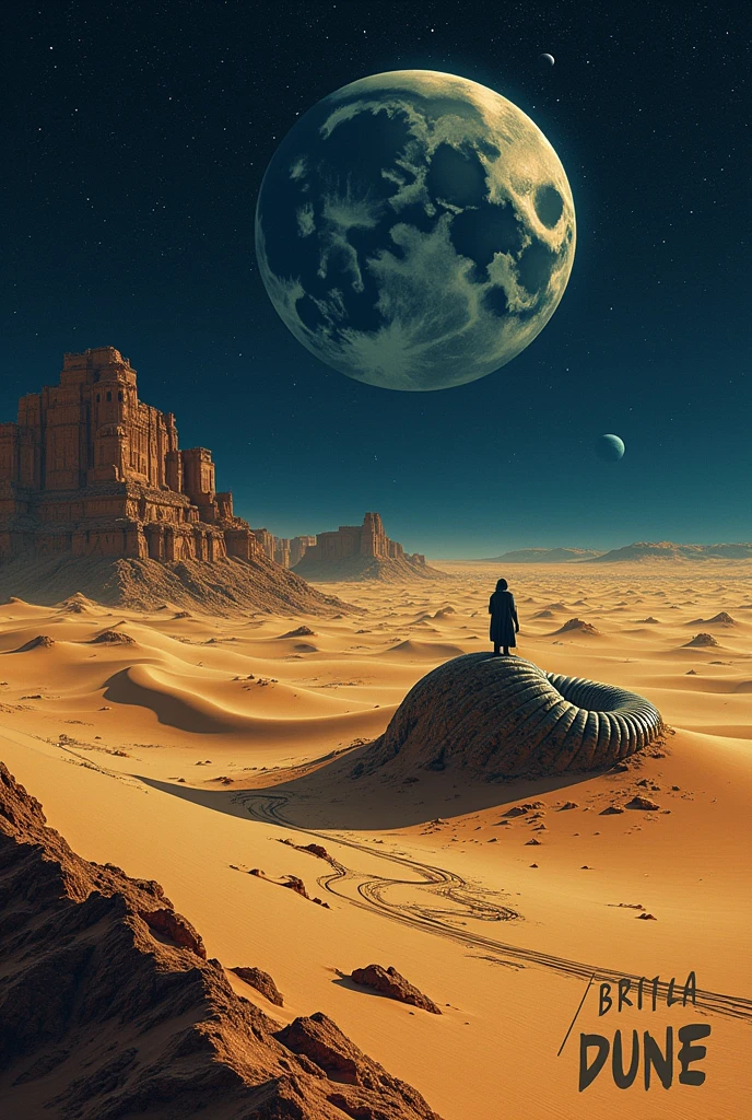 "Create an awe-inspiring design for a Dune movie-themed T-shirt. The design should feature a majestic desert landscape with vast sand dunes under a starry night sky. Include the iconic sandworm emerging from the sands, showcasing its immense size and power. In the background, subtly integrate the silhouette of Arrakis's two moons. Use a color palette of deep blues, golden sands, and shadows to evoke the mysterious and epic atmosphere of the film. Incorporate elements like the House Atreides emblem or the phrase 'Fear is the mind-killer' in a stylized, futuristic font. The design should be cinematic, detailed, and convey the grandeur and mystique of the Dune universe."