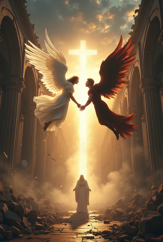 An angel and a devil who is fighting in the cathedral and the cathedral is broken
 and like there were in the battle fields and there were angels singing haleluya playing flute and there was an angel and devil fighting in the sky and then there was god in the center coming and the clouds blocking the sun but still see the sun rays