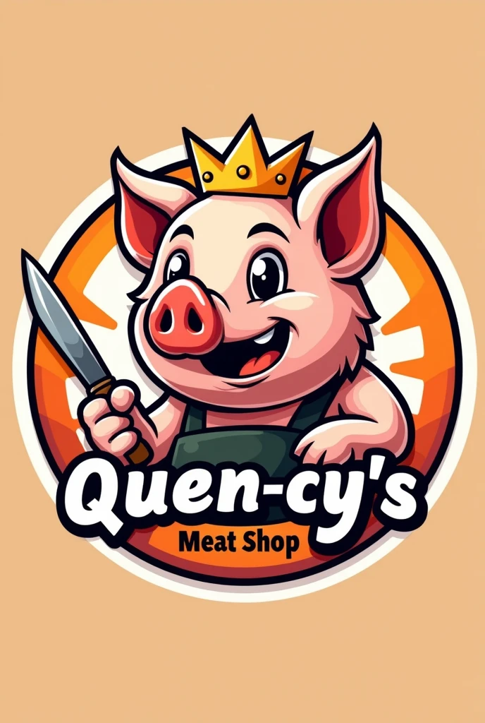 Create logo cyrcle 3D color with animation head pork holding chopping knife orange white and black 'QUEEN-CY' 'Fresh Meat Shop' 