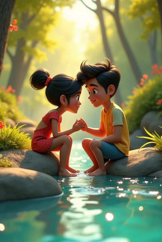 In cenamatic 3d cartoon style"Muskan and Aryan sitting on a rock by a crystal-clear stream, surrounded by the vibrant colors of nature. The sunlight filters through the trees, creating a dreamy effect. They are close, with Aryan gazing at Muskan as she dips her hand in the water, both of them sharing a moment of connection."