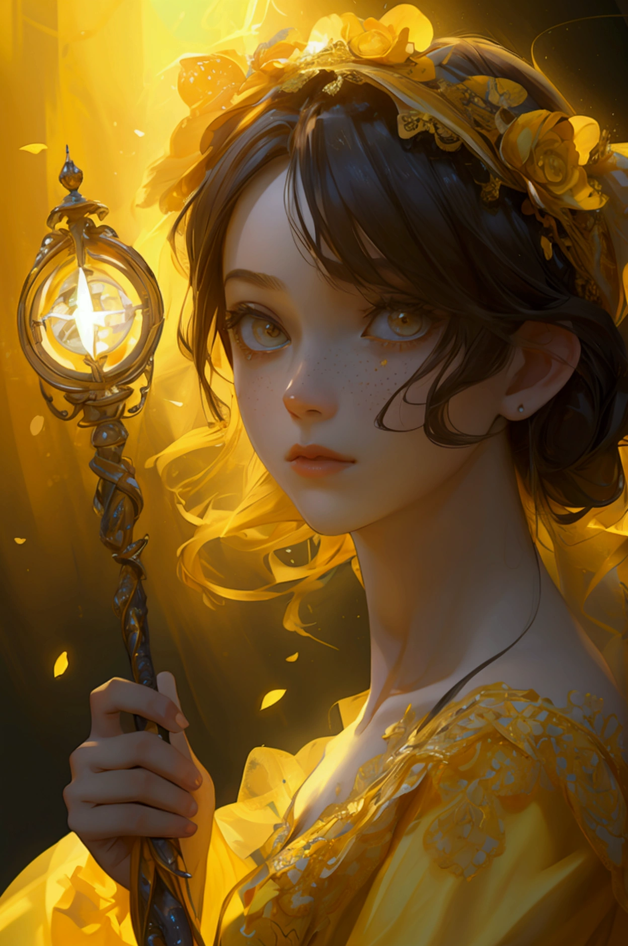 girl in a yellow dress with a magic wand, full body dress, full character, zoom out image, eyes at the camera