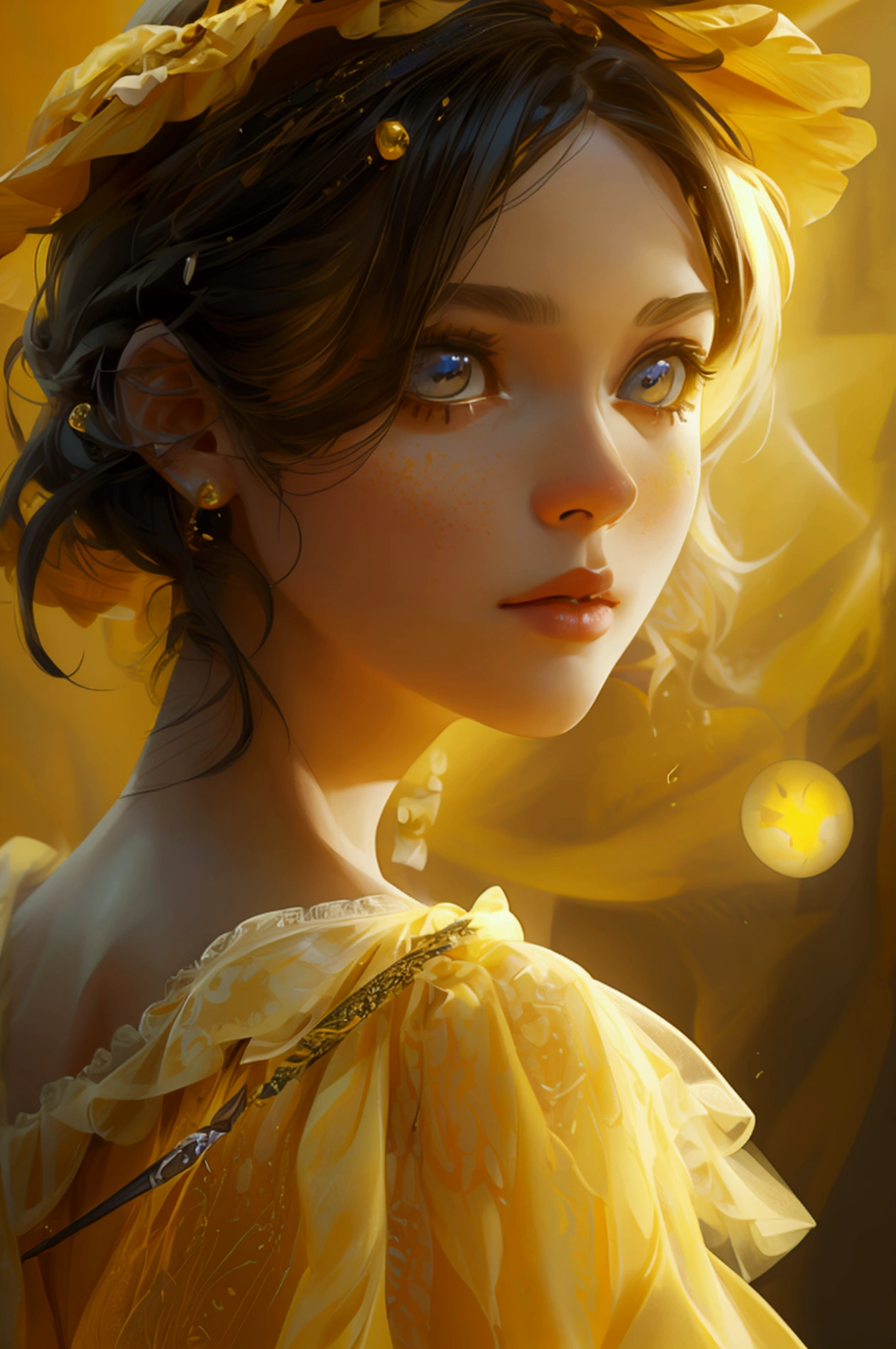 girl in a yellow dress with a magic wand, full body dress, full character, zoom out image, eyes at the camera