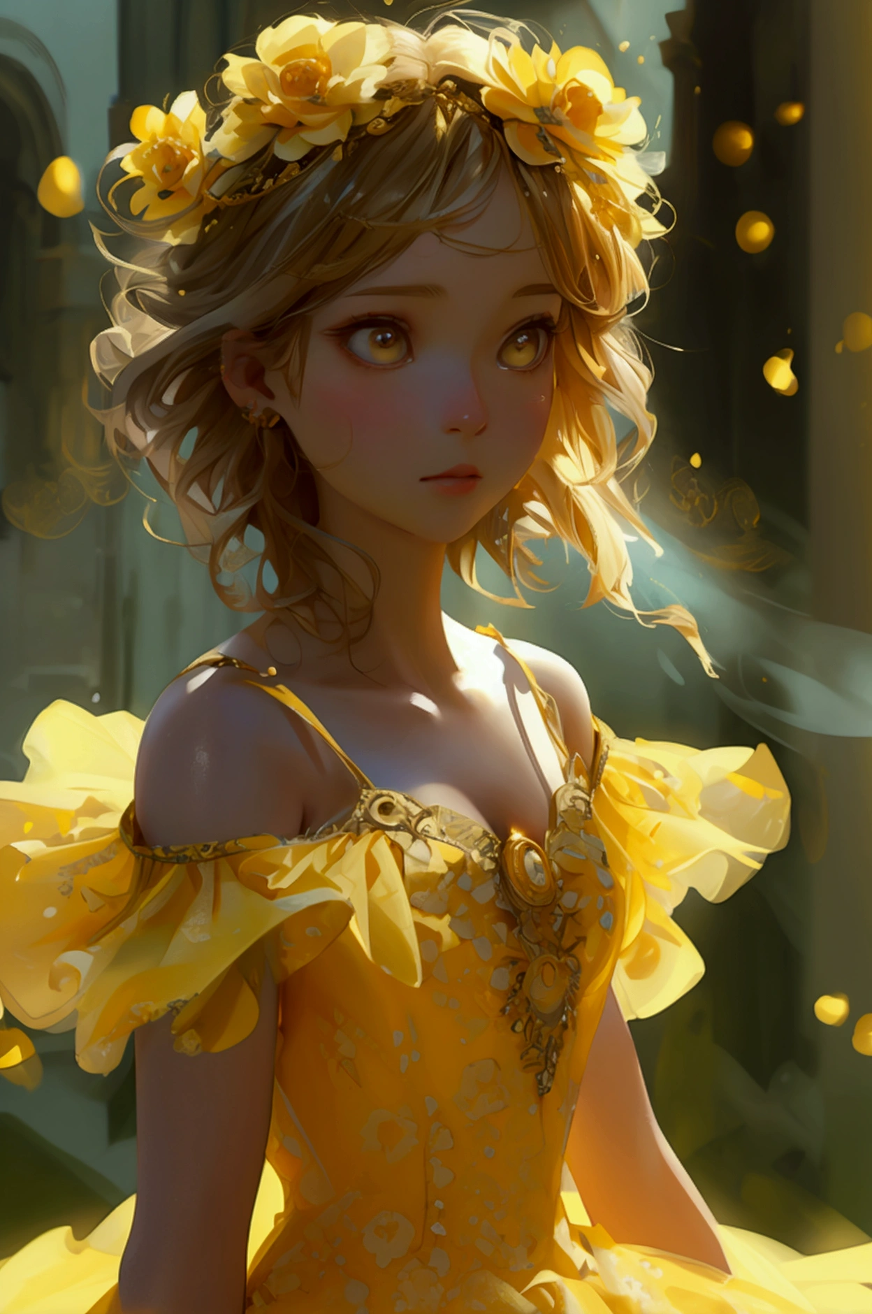 girl in a yellow dress with a magic wand, full body dress, full character, zoom out image, eyes at the camera 