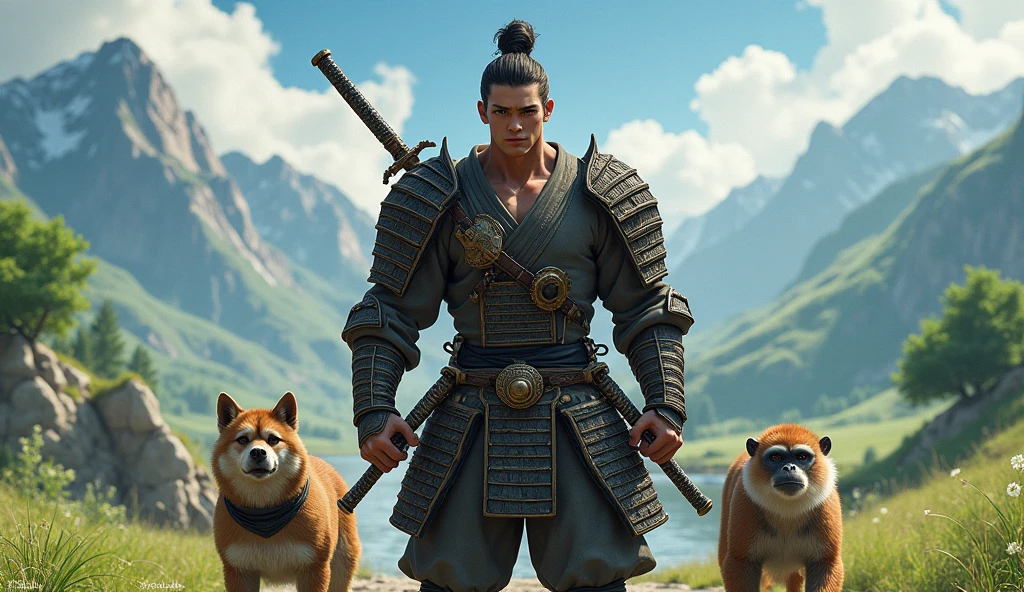 (best quality, masterpiece, ultra detailed, ultra high res, photorealistic, raw photo, absurdres, absolutely resolution), His name is Momotaro、A young, muscular, handsome samurai、dog、monkey、Let&#39;s work together to restore freedom and peace