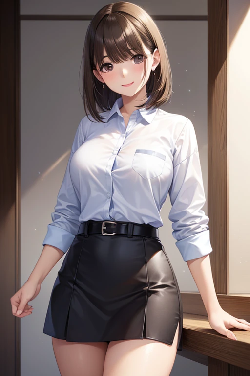 anegasaki nene、Shiny brown hair, short hair, (Beautiful brown eyes、Sparkling eyes, Fine grain)、smile、Ultra-detailed eyes、Highly detailed face, Highly detailed eyes,Cowboy Shot、



((4K, 8k, Highest quality, Perfect Fingers, High resolution)), 

One beautiful woman, Laughter, smile, Beautiful woman,  short hair, Woman wearing a grey shirt, Woman in a business suit, mini skirt, Businesswoman