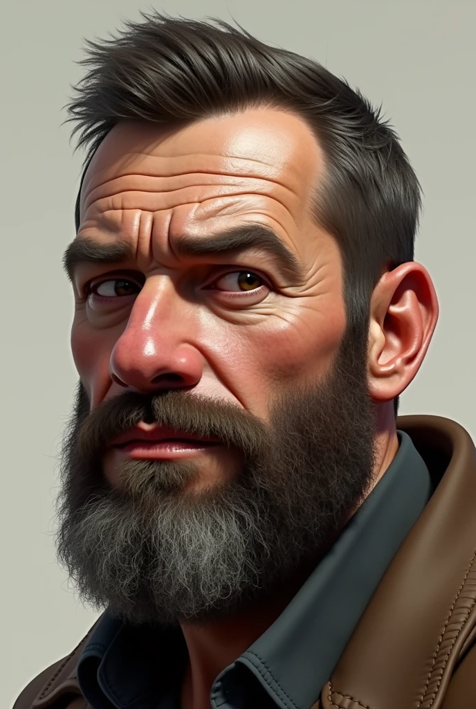 Create the image of a man with these characteristics:"The stubble that reached his sideburns, the flat nose, the round cheeks, the strong dimple in the chin."