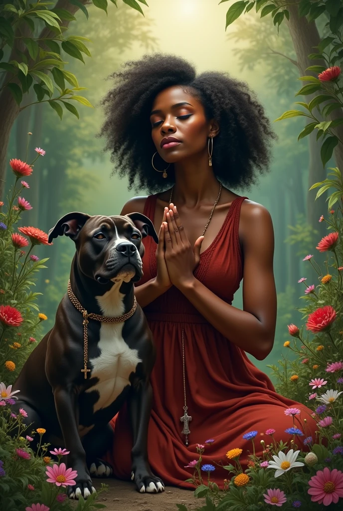 A black woman with praying hands next to a pitbull surrounded by forest flowers with the words I surrender and rosery beads