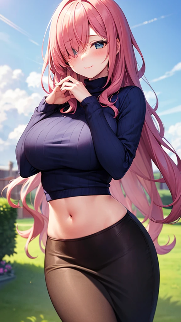 masterpiece, best quality, high detail, beautiful woman, solo focus, long wavy hair, pink hair, hair over one eye, large bust, ((blue sweater)), black midi pencil skirt, long skirt:1.2, midriff, navel, wide hips, looking at viewer, full-face blush, light smile,  hand on own cheek, backyard, cloudy sky, 