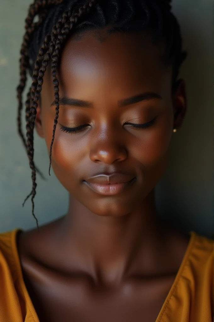 Mimme a beautiful African woman with a weak smile trying to hold back her tears 