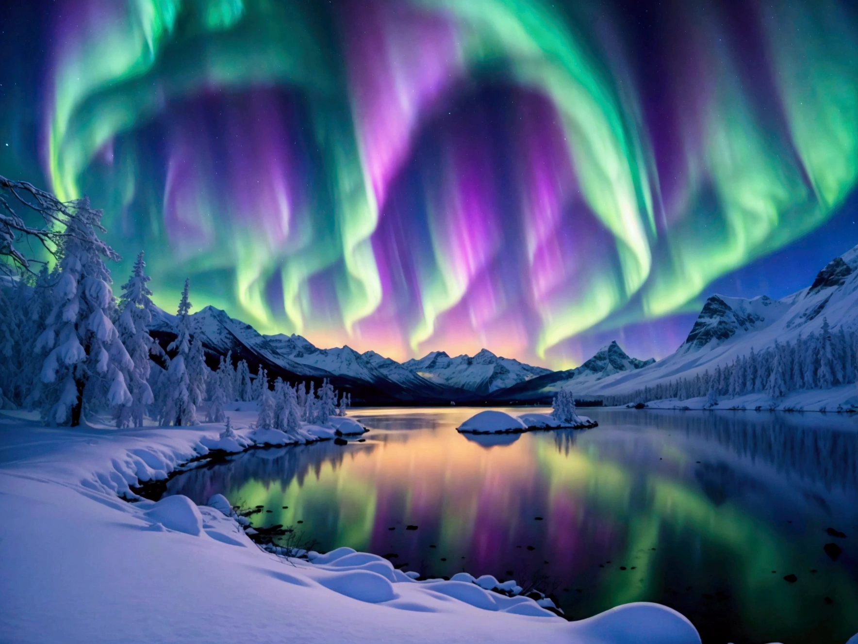 Aurora Borealis Sky、Snowy Mountain、lake、Photogenic beauty、Real、night