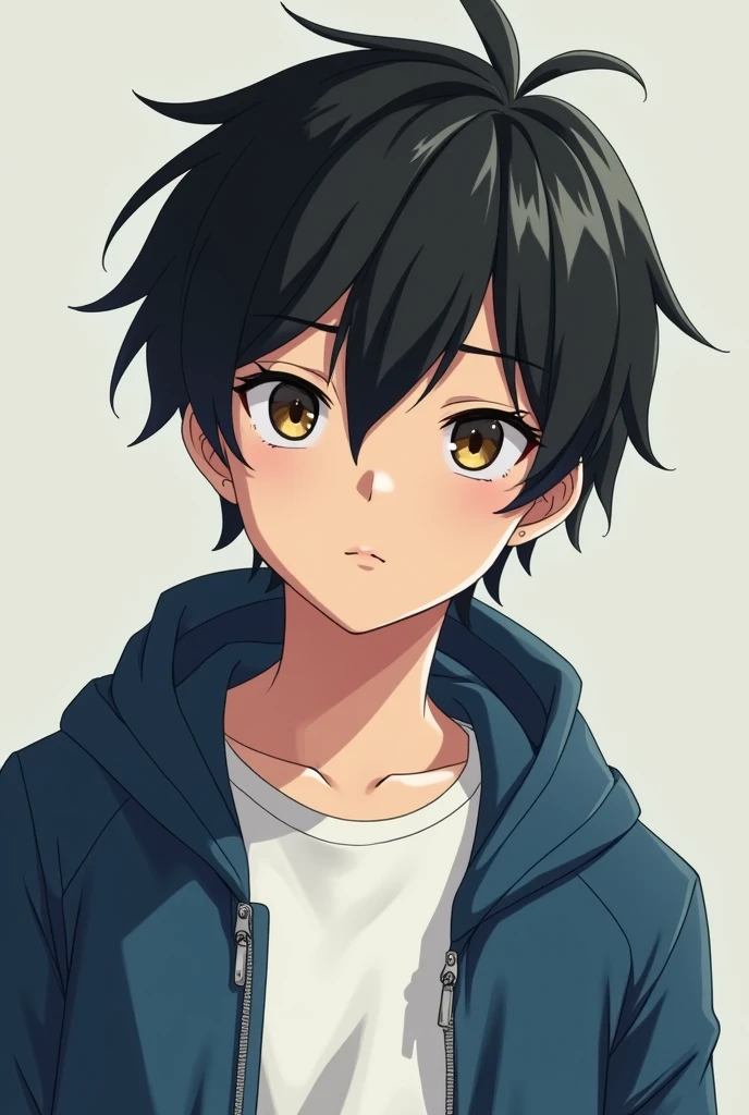 A black haired brown eyed anime boy wearing a white t-shirt and a blue jacket was looking forward with a cold gaze. 