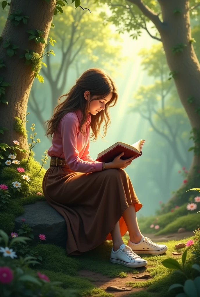 an enchanted forest, a girl reading the book of mormon, sitting on a rock, This girl has highlighted hair, she is brunette, wears a long brown skirt, with belt, wears white sneakers, a pink long sleeve blouse 