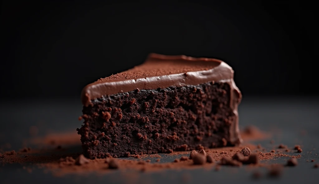 cinematic film still chocolate, chocolate cake, dark background, quality photo, moist texture, frosting, studio photo, slice . shallow depth of field, vignette, highly detailed, high budget, bokeh, cinemascope, moody, epic, gorgeous, film grain, grainy