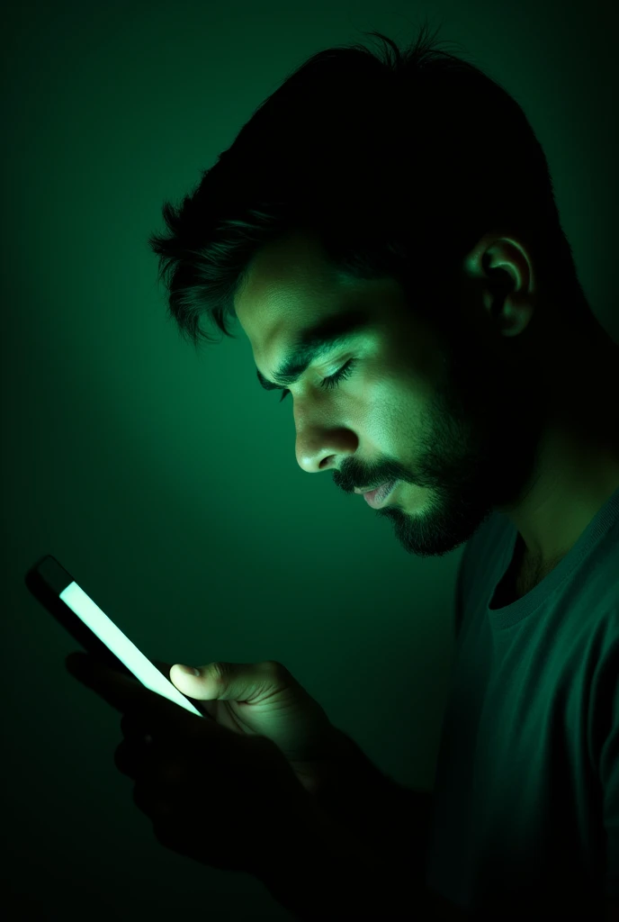 Photo 9:16, Man in profile looking at his cell phone screen while an app scans his face, The cell phone gives off a green light