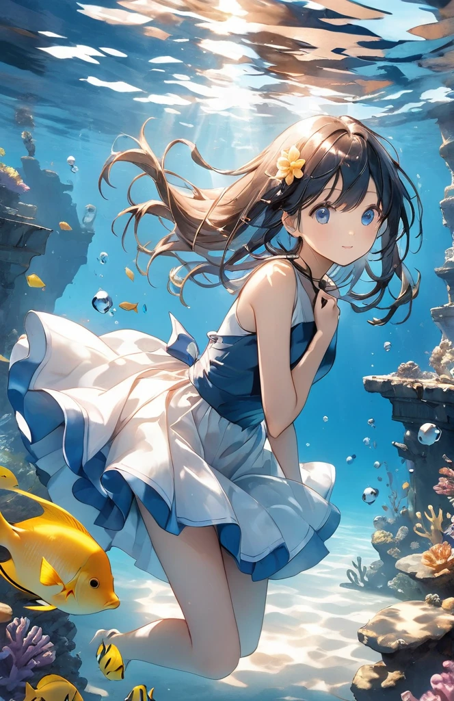 Beautiful girl、Mystical Feelings、cute１７of age、Underwater walking,Underwater Walking、Underwater swimming、超High resolution, High resolution, 4K, 8k,close,Sunken Ruins、Girl in the water、water、surrounded by bubbles、A world of deep blue、 Working with deep blue shades