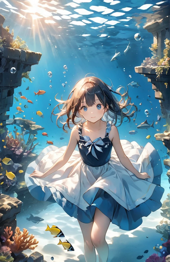 Beautiful girl、Mystical Feelings、cute１７of age、Underwater walking,Underwater Walking、Underwater swimming、超High resolution, High resolution, 4K, 8k,close,Sunken Ruins、Girl in the water、water、surrounded by bubbles、A world of deep blue、 Working with deep blue shades