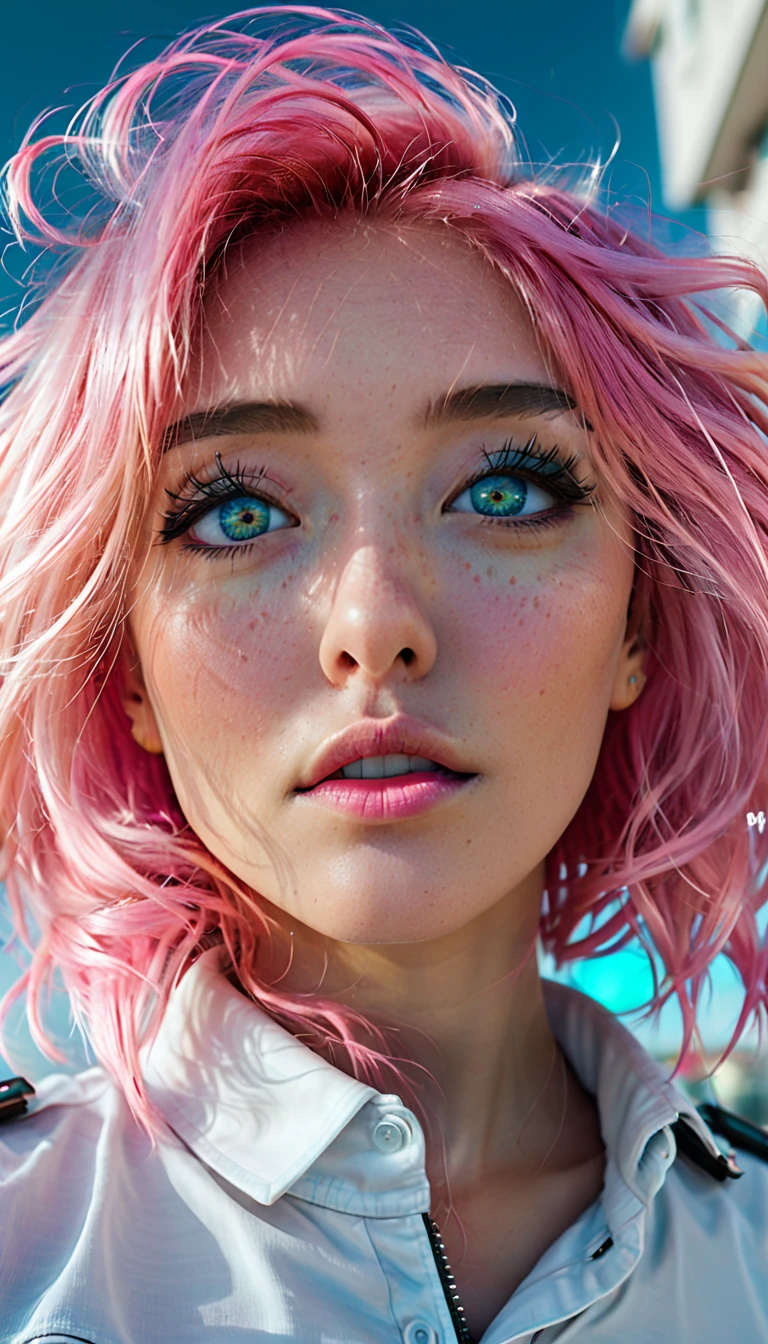 Cyberpunk, pink hair, futuristic, surreal, ultra-wide, wide-angle lens, looking up, dynamic movement, expressive, vibrant, sacred cinematic edges, laser hologram