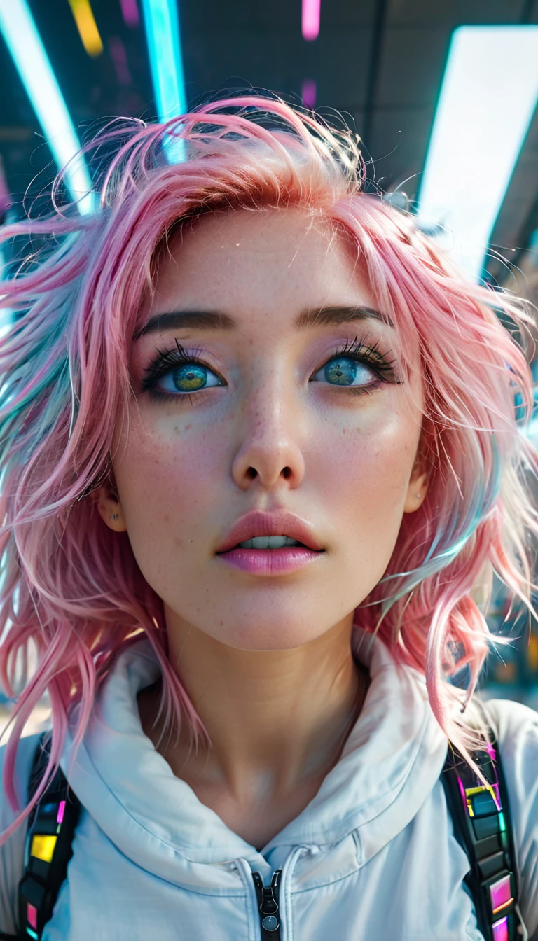 Cyberpunk, pink hair, futuristic, surreal, ultra-wide, wide-angle lens, looking up, dynamic movement, expressive, vibrant, sacred cinematic edges, laser hologram