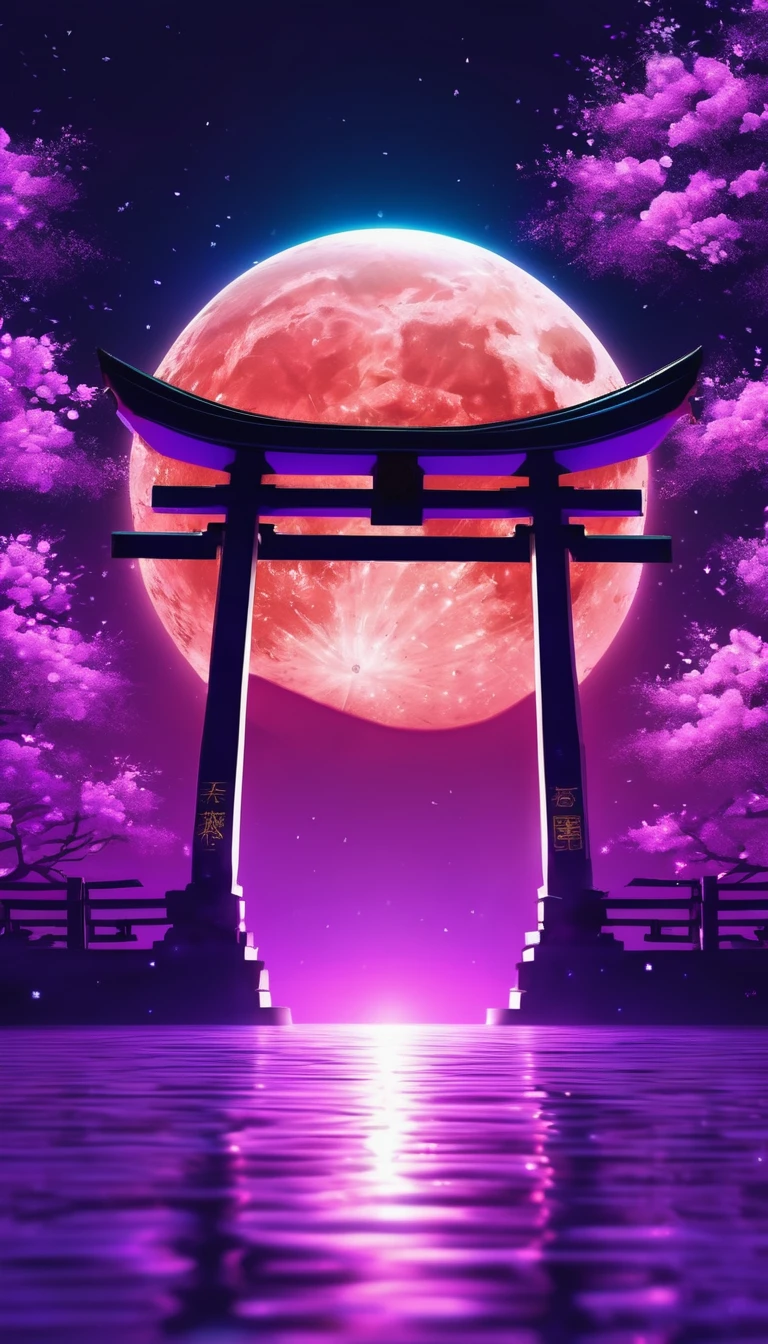 Shrine torii gate、in the center,Very bright color, Particles of light, The light shines, disaster, Wallpaper Art, UHD wallpaper、Purple background、mysterious、Impersonal、full moon
