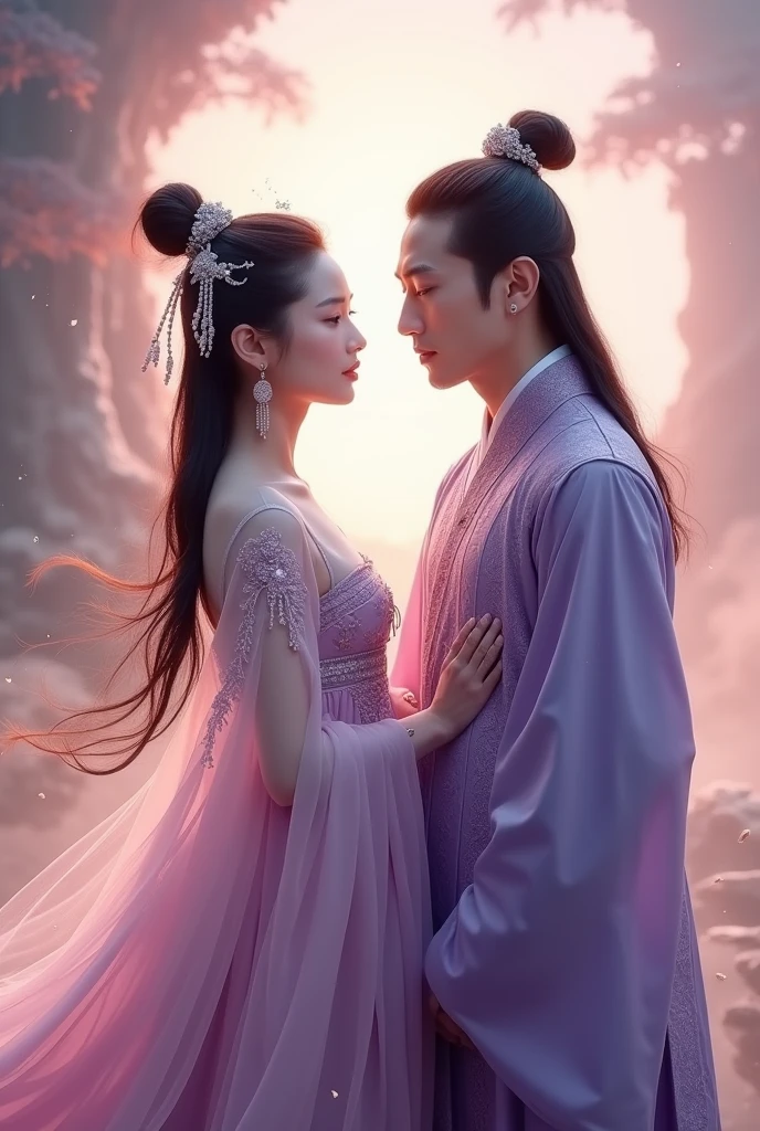 Make a movie poster for Korean actress Kim Jiwon(girl) and korean actor Kim Soohyun(boy) that is similar with Chinese Fantasy shows. Full body outfit shown(purple or light peach colors) and they are both facing front.
