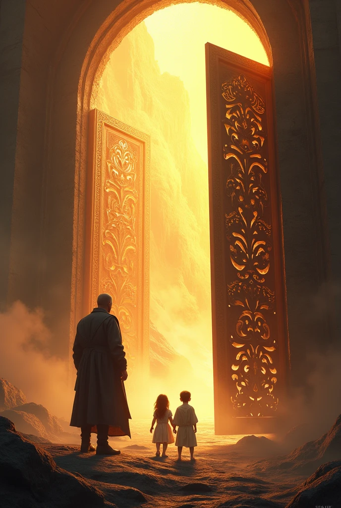 On the right side a father stands before the gates of heaven, while he looks back to his left and sees his kids in the distant playing at the gates of hell