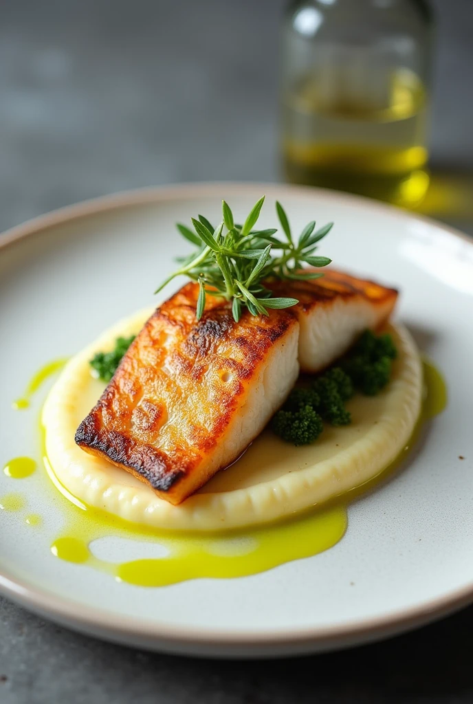 Fish dish with potato sauce, green olive oil, crispy fish skin without this oil