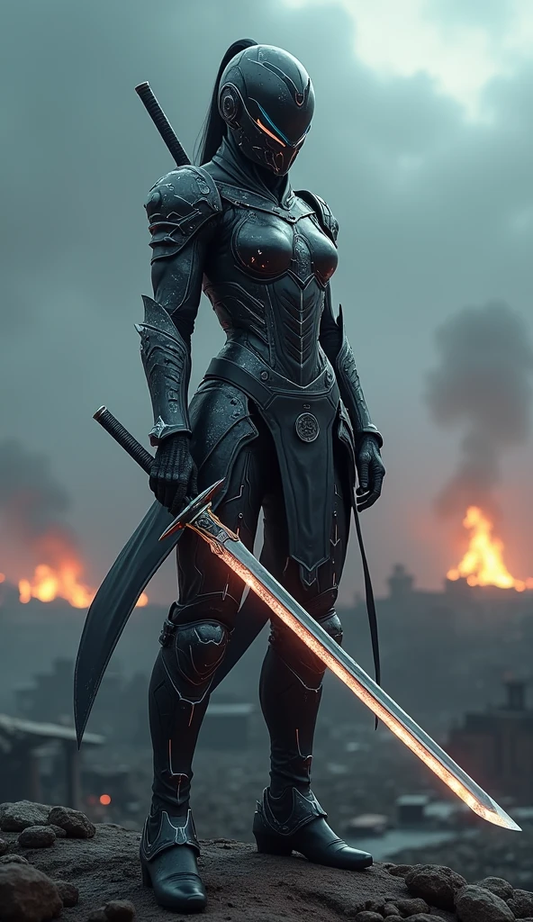 Generate a 4K, hyper-realistic image of an Asian warrior from Nova Aeterna, wearing a full-body, futuristic armor that completely covers her, including a helmet that conceals her face. The armor blends traditional Japanese samurai design with advanced, sleek, and high-tech materials, featuring glowing energy lines and intricate details. She stands on a rocky battlefield under a stormy sky, exuding a mix of determination and inner conflict. Her armor shows signs of recent battle damage, with scorched marks and dents. She holds a katana infused with alien technology, glowing with a faint, eerie light. The background shows the aftermath of a fierce battle, with ruins, distant fires, and scattered debris. Emphasize the detailed design of the armor, the glowing elements, and the dramatic, war-torn environment.