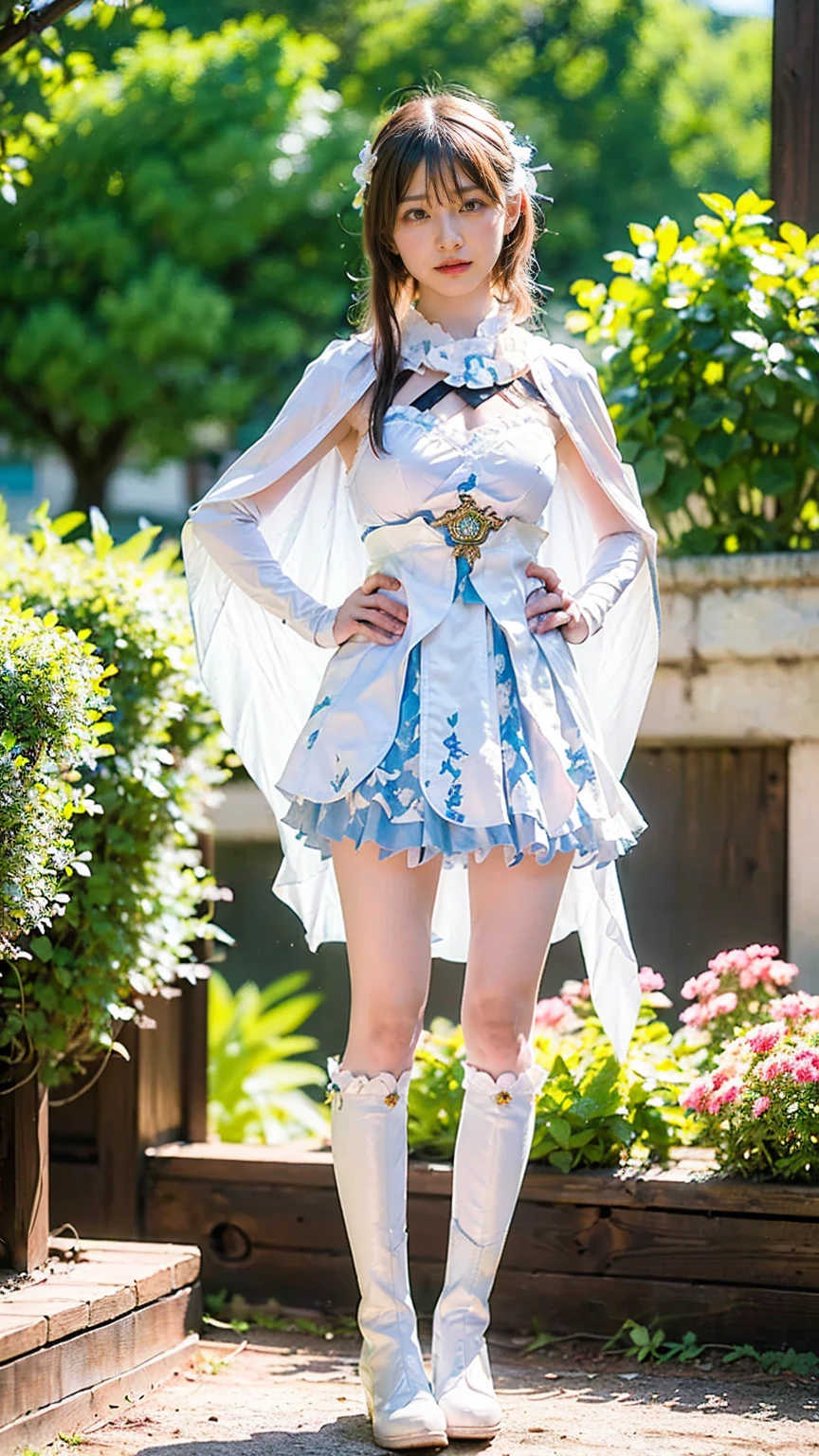 (8k、RAW Photos、Highest quality、masterpiece:1.2)、(Realistic、Realistic)、1 person、((White and light blue、garden、Frills、Cape、mini skirt、Thin legs、whole body、boots、View from the front、Looking into the camera、Stand with hands on hips))、cute