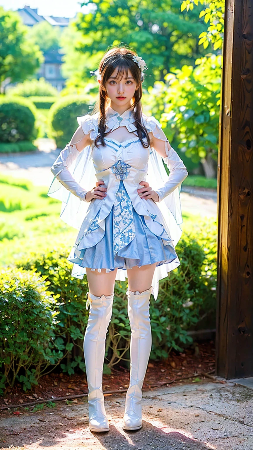 (8k、RAW Photos、Highest quality、masterpiece:1.2)、(Realistic、Realistic)、1 person、((White and light blue、garden、Frills、Cape、mini skirt、Thin legs、whole body、boots、View from the front、Looking into the camera、Stand with hands on hips))、cute