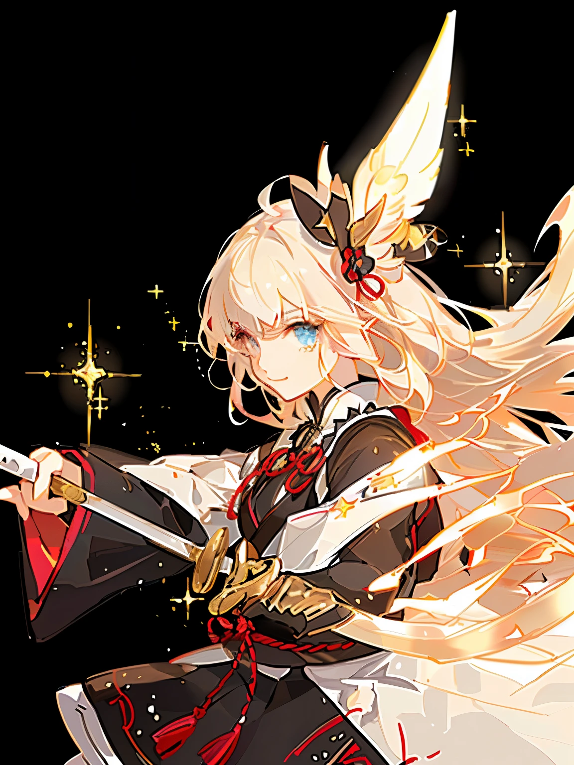 (japanese samurai maid Girl), ((Gorgeous Starry Background)), ((Ultra Detailed)), ((Best Illustration)), ((Movie Lighting)), Dynamic Angle, Floating, Fine, (Flash: 1.2), (Shine: 1.2), (Shine: 1.2), Classic, (Drawing: 1.1), (Sketch: 1.1), (Best Quality), (Illustration: 1.2), (Anime Style), (Solo), Beautiful Detailed Face, (Cute Face: 1.3), (Big Eyes)), Colored hair, (long hair: 1.2), (flowing hair: 1.2), ahoge, Posing with a Japanese sword, detail, (sparkling wand: 1.3), (magic effect: 1.3), (flowing dress: 1.2), (transparent fabric: 1.1), (flickering: 1.2), (glow: 1.2), (sparkle: 1.2), (sparkle: 1.2), (sparkle: 1.2), (shimmer: 1.2), upper body
