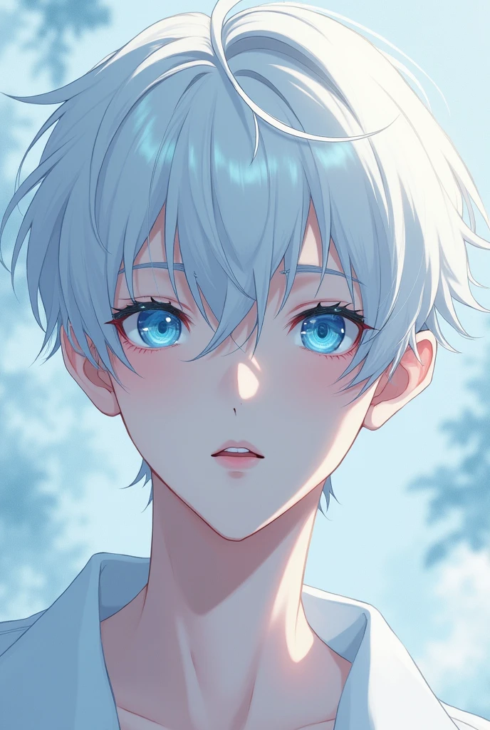 Albino anime man with blue eyes 