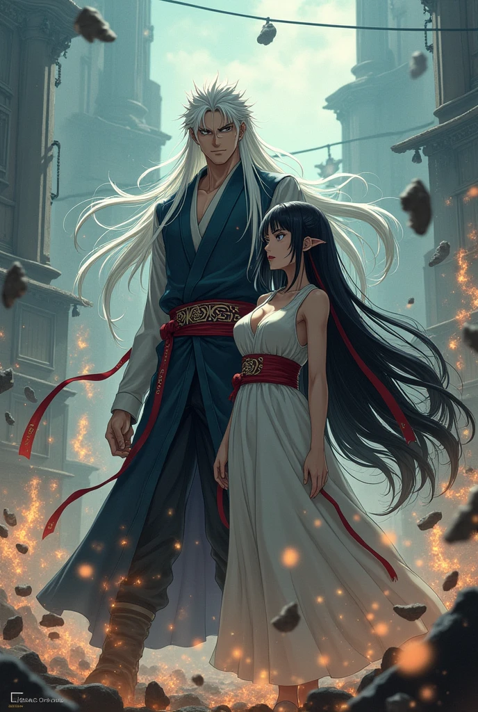Generate an image of Satoru Gojo from Jujutsu Kaisen fighting alongside his girlfriend also a Jujutsu sorceress, being a brown woman, long straight black hair, with thick thighs and big ass, much smaller than him