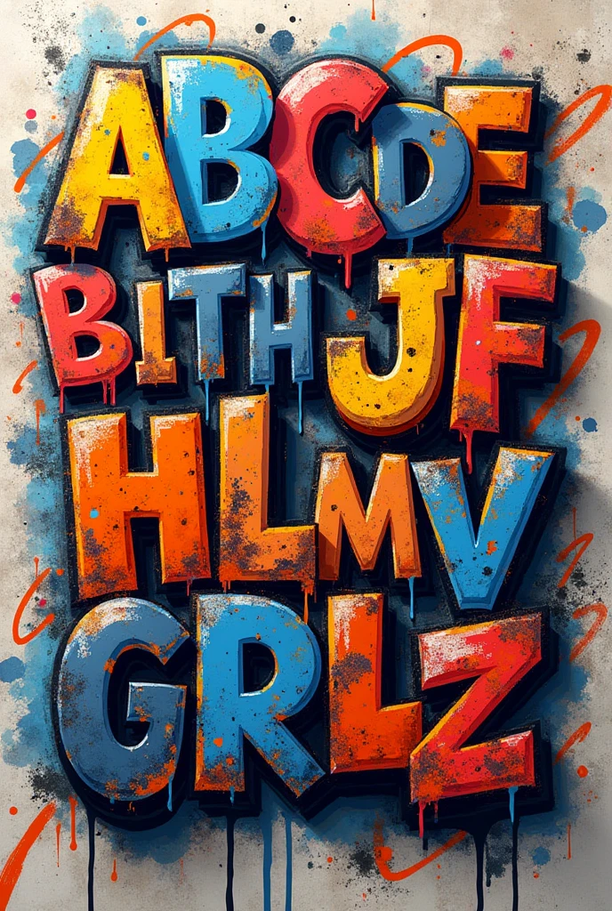 Page avec toutes les 26 lettres de l’alphabet dans l’ordre A B C D E F G H I J K L M N O P Q R S T U V W X Y Z en style  graffitti