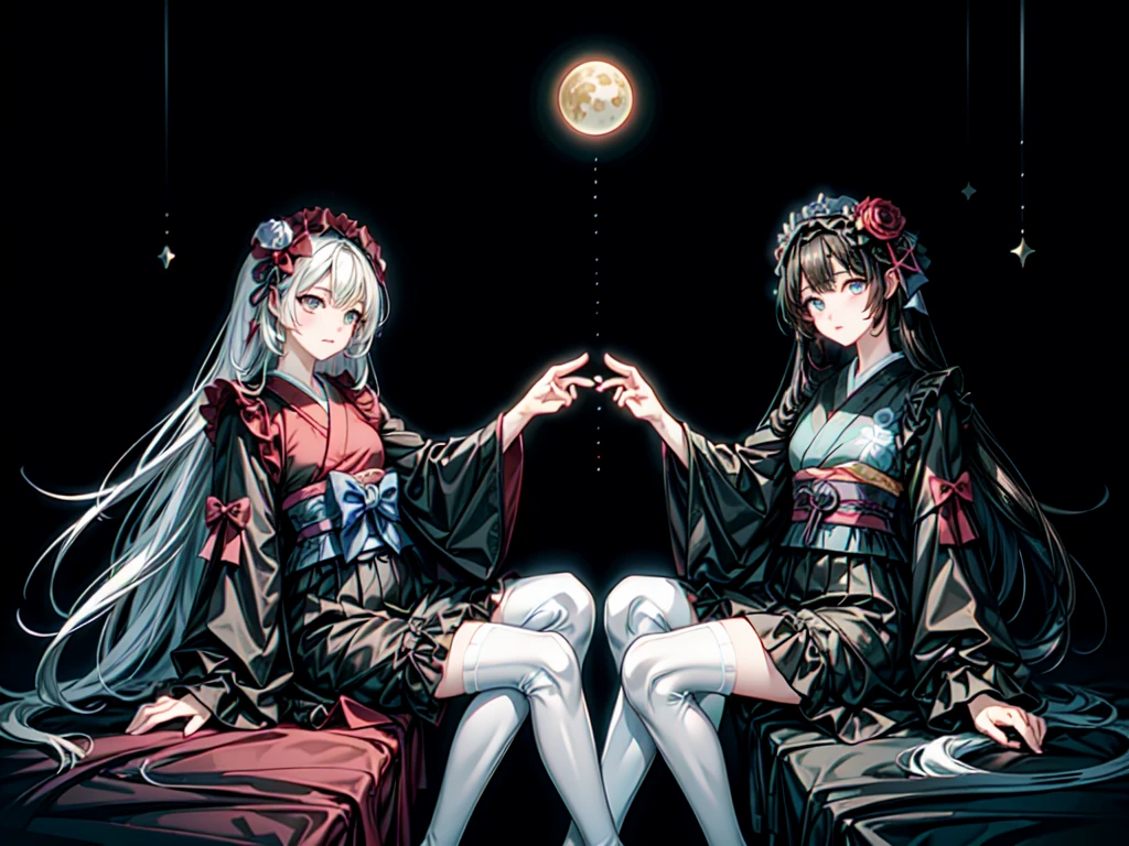 Star Fairy、(Masterpiece、Highest quality、Official Art、Super detailed)、Dynamic composition、Perfect Anatomy、One person sitting on the crescent moon、「Beautifully printed galaxy patterned kimono and gothic costume、Space patterned frill box pleat mini skirt、Frontal portrait、Knee-high boots、Captivating eyes、Perfect and amazing face、Exquisite details、Clear images、Highest quality。」Milky white and light blue gradient long straight hair、