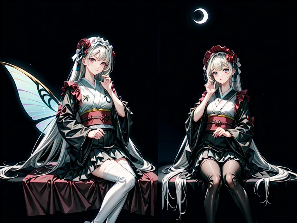 Star Fairy、(Masterpiece、Highest quality、Official Art、Super detailed)、Dynamic composition、Perfect Anatomy、One person sitting on the crescent moon、「Beautifully printed galaxy patterned kimono and gothic costume、Space patterned frill box pleat mini skirt、Frontal portrait、Knee-high boots、Captivating eyes、Perfect and amazing face、Exquisite details、Clear images、Highest quality。」Milky white and light blue gradient long straight hair、