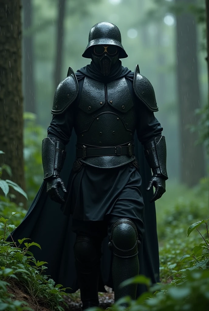 A man dressed in black, Wear a sun visor, The face is completely covered by an iron mask with glasses, Wear the M35 helmet. 

The setting is a beautiful forest, it's raining