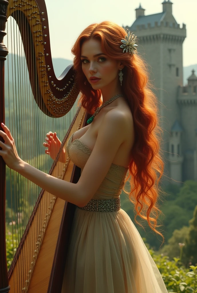 A fantasy, beautiful girl playing Harp, she's wearing a white sheer transparent sexy dress, she has (BIG large breast and long ginger hair, her dress is very low cut revealing clearage, she is wearing emeralds and silver Jewels, there is an Irish castle in the background, she is the most beautiful woman in the world, with a soft smile, the is a warm light,