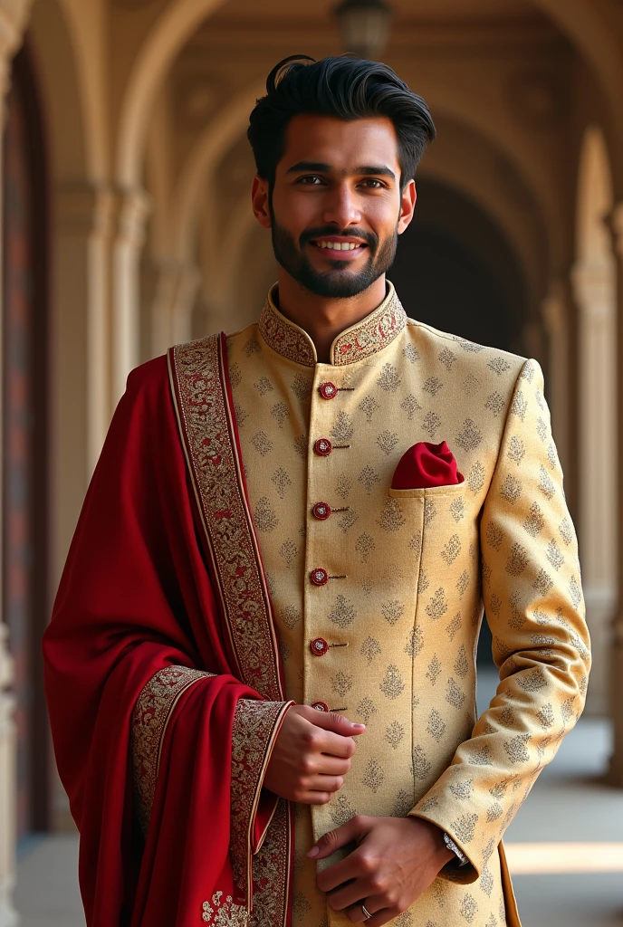 A handsome young man from the USA, with a well-groomed appearance, wearing a traditional Indian outfit like a sherwani or kurta. The outfit is rich in color, with intricate embroidery and patterns, and he is standing confidently with a gentle smile, blending the elegance of Indian culture with his Western charm. The background subtly highlights elements of Indian tradition, such as a palace or festive setting."