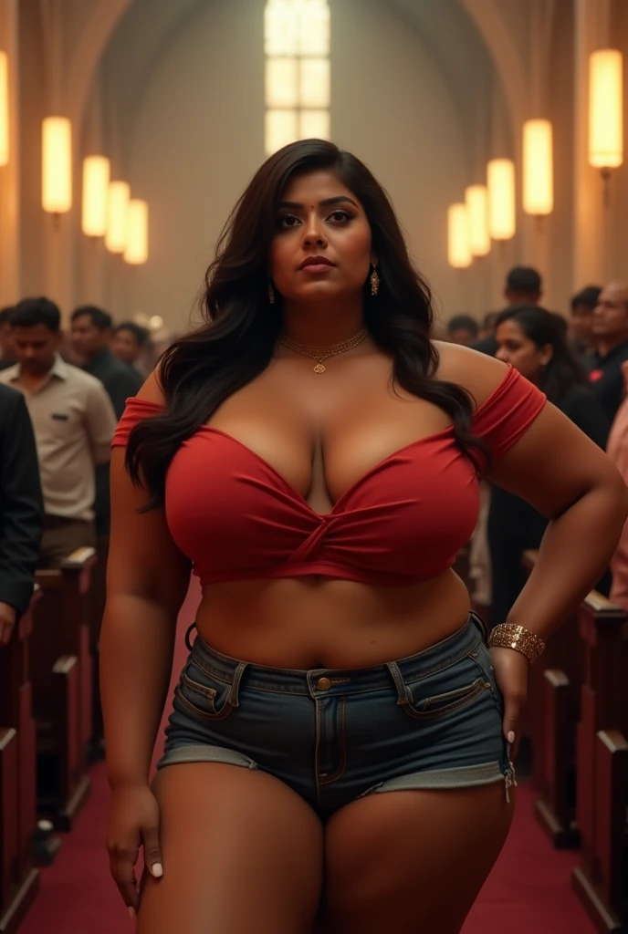 CURVY indian woman with enormous boobs with Plump female body, she has a busty body, with off shoulder tightest half sleeve low cut color square neck spandex crop top with deepest v cleavage dan shortest tight mini skirt. in a well lit crowded church hall. crowd is watching her. big eyes, blurred background, ultra focus, face illuminated, face detailed, 16k resolution, full body view, Breasts, 