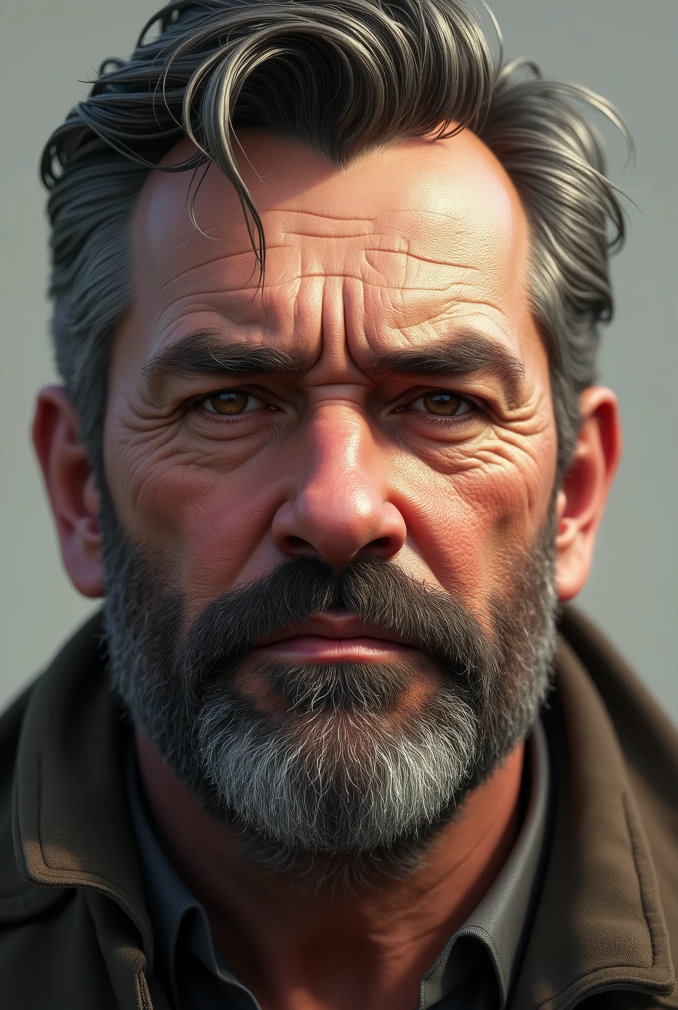 Create the image of a man with these characteristics:"The stubble that reached his sideburns, the flat nose, the round cheeks, the strong dimple in the chin."