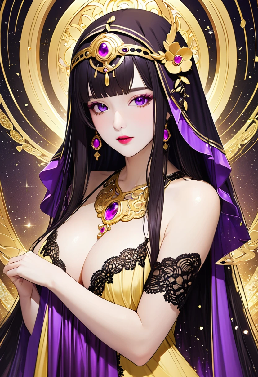 1 20-year-old girl, 1 Goddess Athena, Pink and purple silk dress, The face of the goddess of beauty Athena is flawless, fine yellow nightgown, Slim fit sequined robe,With lots of sexy black lace details, 1 beautiful thin red silk half veil, Legend of the Female Saint, Female saint icon, Beautiful goddess style glitter, Dark Mysterious Version, Red lips, 丰满Red lips, No smile, mouth close, fine and beautiful pino detailing, fine and beautiful lip detail, (Pure and flawless face: 1.9), Communion for women, Round chest, Big and round breasts, Phoenix Brooch, #1: long, Straight bangs, Black long hair, Flower sticker tattoo on forehead, Beautiful clear face and well-proportioned eyes, (Transparent Rainbow Lavender Eyes: 1.8), (Big round eyes,Heavy makeup, Sexy wet eye makeup, Very beautiful and detailed hair makeup, long and fine blonde hair, fine, Body Image: 1.8), number: vivid, (Stars in the sky: 1.7), (The sky of heaven and the door of imaginary time and space: 1.8), Fictional Art, RAW photos, hanfu photos, Best photos, high resolution, best quality, Best photos, Best goddess quality, 8K female, Super 8 Single Saint Portrait, The most realistic color scheme, masterpiece, Best Beauty Brands, The best hair accessory, Live-action photos of the brand, Dark Studio, Border light, Two-color lighting, (Rose White Skin: 1.4), (High Skin Detail: 1.1), 8K uhd, Digital SLR Camera, Soft Light, 8K, high quality, frank, Smooth and clear volume, 10 times more pixels, Sexy goddess, Sexy goddess, (Background Space: 1.8), (The most beautiful aurora eyes: 1.7), beautiful eyes, The Aurora is beautiful and gorgeous, (Beautiful single girl: 1.8), (more details:0.8),