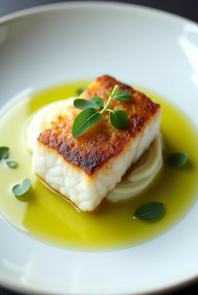 Fish dish with potato sauce, green olive oil, crispy fish skin without that crispy skin oil on top 