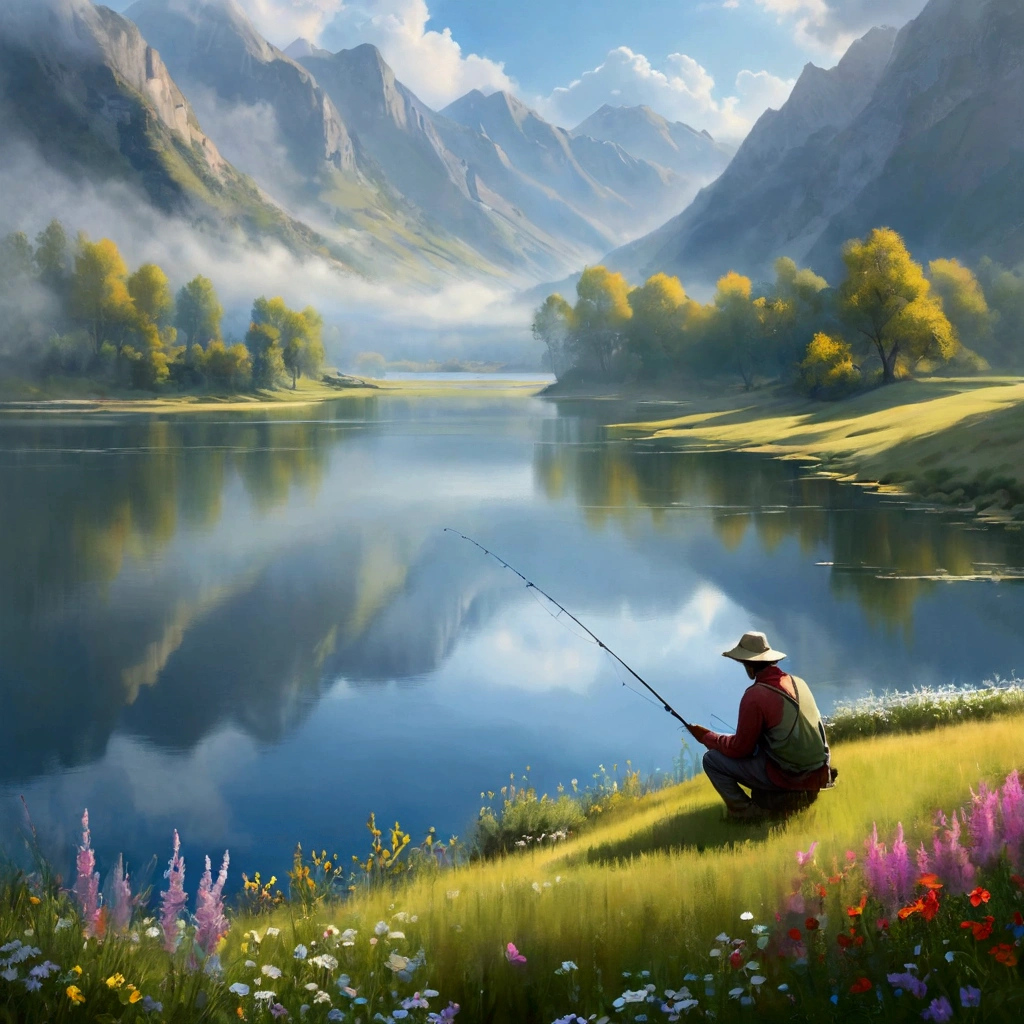 A peaceful lake,Calm waters,Mountains in the background,mist般的气氛,Sunlight through the clouds,Colorful wildflowers around the lake,A lone fisherman waits patiently,Extremely detailed,lifelike,8k,high resolution,Vibrant colors,Natural Lighting,Tranquil scenery,Fishing scene,Ethereal atmosphere,Delicate brushstrokes,Natural Tones,mist,Superb composition,Elegant simplicity,meditative mood,Best quality,