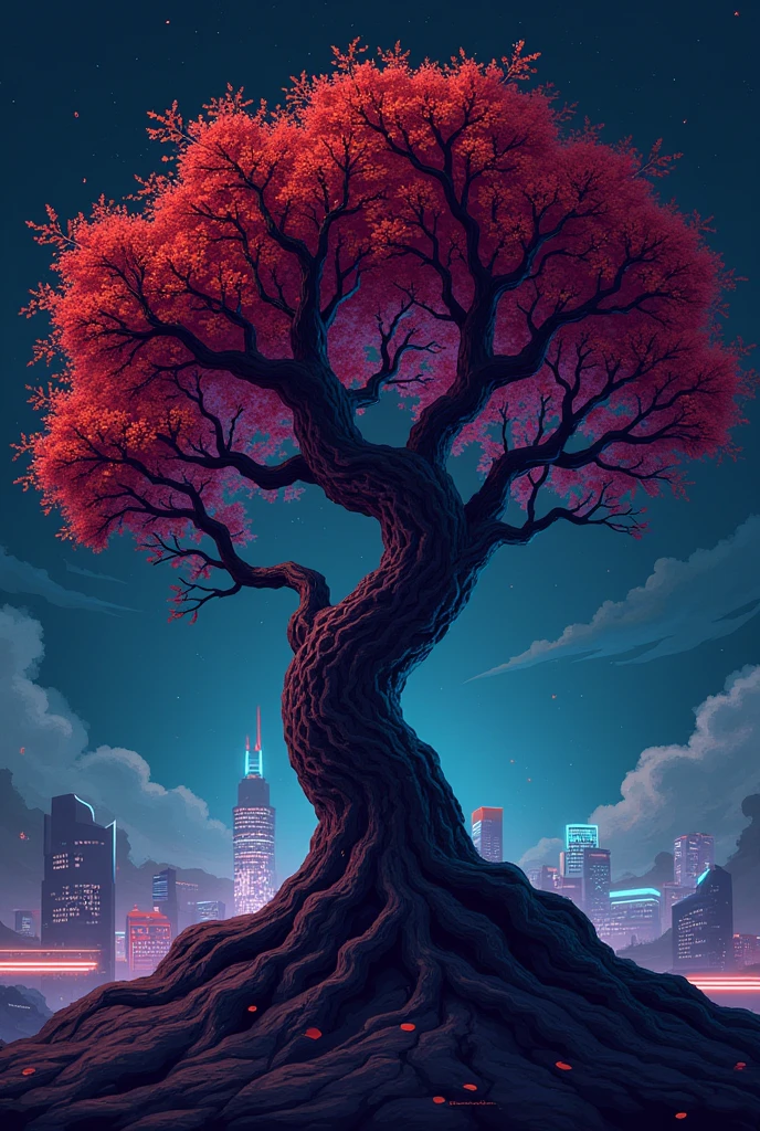 Tree, pixel art, in style of pixelart, 8bit, cyberpunk, digital art, wireframe mesh, high contrast, dark background, retrofuturistic, space glowing neon lights, close up, portrait